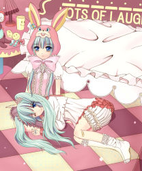 Rule 34 | 2girls, animal hat, aqua eyes, aqua hair, bandaid, bed, blanket, bloomers, blue nails, bow, candy, checkered floor, cheese, clock, clone, colorized, eibe, food, frilled legwear, frills, hat, hatsune miku, kneehighs, lamp, lap, lap pillow, large bow, lol -lots of laugh- (vocaloid), lollipop, long hair, multiple girls, nail polish, one eye closed, perspective, pillow, skirt, smiley face, sock pull, socks, stuffed animal, stuffed toy, sweets, table, toe socks, twintails, underwear, vocaloid, wink