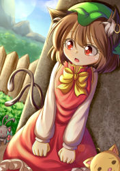 Rule 34 | 1girl, absurdres, against wall, animal ears, blue sky, brown hair, cat, cat ears, cat tail, chen, clenched hands, day, dior-zi, dutch angle, earrings, facing viewer, fang, fence, hat, highres, jewelry, kaenbyou rin, kaenbyou rin (cat), lens flare, long sleeves, looking away, mob cap, mountain, multiple tails, open mouth, red eyes, ribbon, short hair, single earring, skirt, skirt set, sky, solo, sweatdrop, tail, touhou, two tails, wooden fence