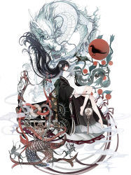 Rule 34 | 1girl, absurdres, bare legs, barefoot, black coat, black hair, bow, chinese clothes, circle, coat, commentary request, creature, crown, dragon, dress, eastern dragon, fish, floating hair, from side, hair ornament, highres, holding, holding lantern, invisible chair, lantern, long hair, long sleeves, looking to the side, mole, mole under eye, monster, off shoulder, original, plantar flexion, pom pom (clothes), red eyes, red lips, robe, sash, shan gui yu yao, short dress, sidelocks, sitting, smoke, snake, traditional youkai, very long hair, white background, white dress, wide sleeves