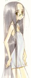 1girl bare_shoulders brown_eyes commentary_request dress flat_chest glasses grey_hair highres long_hair looking_at_viewer nakamura_hirofumi original painting_(medium) sketch skinny solo traditional_media very_long_hair watercolor_(medium) white_dress