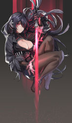 Rule 34 | 1girl, black hair, breasts, brown pantyhose, cleavage, cleavage cutout, clothing cutout, energy sword, floating, full body, gloves, gradient background, hair between eyes, highres, iron saga, large breasts, legs up, light particles, long hair, long sleeves, looking at viewer, mechanical hands, mole, mole on breast, oboro (iron saga), pantyhose, parted lips, red eyes, rff (3 percent), simple background, single mechanical hand, solo, sword, turtleneck, very long hair, weapon