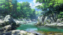 artist_name blue_sky cloud commentary_request day forest landscape moss nature no_humans odaartworks original outdoors river rock scenery sky tree water