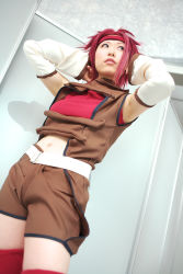 Rule 34 | 1girl, asian, blue eyes, chippi, code geass, color contacts, cosplay, dutch angle, highres, indoors, kouzuki kallen, kouzuki kallen (cosplay), midriff, photo (medium), red hair, short hair, solo