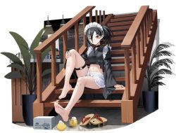 Rule 34 | 1girl, arm support, azur lane, bandaid, bandaid on knee, bandaid on leg, barefoot, black hair, closed mouth, feet, food, haguro (a blessing in disguise?) (azur lane), haguro (azur lane), hair ornament, hairclip, highres, looking at viewer, maid, maid headdress, manjuu (azur lane), multicolored hair, nail polish, navel, official alternate costume, official art, ootsuki momiji, red eyes, sitting, skirt, streaked hair, thigh strap, transparent background, white hair