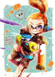 Rule 34 | 1boy, bad id, bad pixiv id, black shorts, blue eyes, closed mouth, hair slicked back, harutarou (orion 3boshi), headgear, hero shot (splatoon), holding, holding weapon, ink tank (splatoon), inkling, inkling boy, inkling player character, looking at viewer, male focus, musical note, nintendo, orange hair, paint splatter, pointy ears, quaver, scrunchie, short hair, shorts, single vertical stripe, smile, splatoon (series), splatoon 1, spoken musical note, squidbeak splatoon, standing, standing on one leg, tentacle hair, topknot, weapon