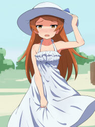 Rule 34 | 1girl, armpits, bare shoulders, blue ribbon, blush, breasts, collarbone, dot nose, dress, embarrassed, furrowed brow, hand on own thigh, hat, highres, holding, holding clothes, holding hat, idolmaster, idolmaster million live!, idolmaster million live! theater days, long hair, nejime (nejimeinu), ogami tamaki, orange hair, outdoors, ribbon, shy, sidelocks, simple background, sleeveless, sleeveless dress, small breasts, solo, sun hat, sweat, sweatdrop, tree, white dress, white hat, wind, wind lift