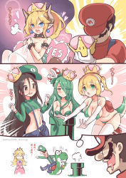 Rule 34 | 2boys, 5girls, ^^^, angry, armlet, bikini, black hair, blonde hair, blush, bowsette, bracelet, breasts, collar, commentary, covering privates, covering breasts, crown, curvy, drooling, earrings, elbow gloves, genderswap, genderswap (mtf), gloves, green hair, heart, heart-shaped pillow, highres, hm (hmongt), horns, jewelry, jitome, large breasts, lizard tail, luigi, mario, mario (series), medium breasts, monster girl, multiple boys, multiple girls, navel, new super mario bros. u deluxe, nintendo, nude, open mouth, pillow, piranha plant, plant girl, pointy ears, ponytail, princess peach, shaded face, small breasts, spiked armlet, spiked bracelet, spiked collar, spiked shell, spikes, super crown, swallowing, sweatdrop, swimsuit, tail, thought bubble, translated, tsundere, turtle shell, twitter username, underboob, warp pipe, yes, yes-no pillow, yoshi