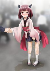 Rule 34 | 1girl, between legs, black footwear, blue skirt, blush, crying, disembodied hand, female focus, full body, gokiburi no dashi, grey background, hand between legs, hand up, have to pee, headgear, holding hands, japanese clothes, kimono, legs apart, long sleeves, looking to the side, maroon hair, obi, open mouth, peeing, peeing self, pigeon-toed, pleated skirt, puddle, red eyes, sandals, sash, short hair, simple background, skirt, socks, solo, standing, tears, touhoku kiritan, voiceroid, wet, wet clothes, wet skirt, white socks