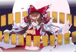 Rule 34 | 1girl, ahoge, ascot, bow, brown eyes, brown hair, chinese commentary, closed mouth, commentary, detached sleeves, eyebrows hidden by hair, fingernails, floating hair, frilled bow, frilled hair tubes, frills, frown, hair bow, hair tubes, hakurei reimu, highres, long hair, looking at viewer, midriff, nail polish, navel, neet xing, outstretched arms, ponytail, red bow, red nails, red skirt, red vest, ribbon-trimmed sleeves, ribbon trim, skirt, skirt set, solo, talisman, touhou, touhou lost branch of legend, upper body, very long hair, vest, white sleeves, wide sleeves, yellow ascot