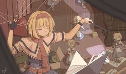 Rule 34 | 1girl, absurdres, alice margatroid, blonde hair, book, bow, capelet, conductor, doll, dress, closed eyes, from above, hairband, highres, polearm, puppet strings, shanghai doll, short hair, smile, solo, string, thread, touhou, vanilla flan, weapon