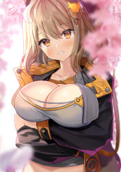 Rule 34 | 1girl, ahoge, anis (nikke), arms under breasts, atori, beret, black hat, black jacket, blush, breasts, brown eyes, brown hair, cherry blossoms, cleavage, crop top, goddess of victory: nikke, grey shirt, grin, hair ornament, hat, highres, jacket, large breasts, looking at viewer, multicolored clothes, multicolored jacket, orange jacket, shirt, short hair, smile, solo, two-tone jacket, upper body