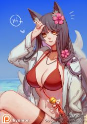 Rule 34 | ^^^, 1girl, ahri (league of legends), animal ears, arm up, artist name, bare shoulders, bell, bikini, black hair, blonde hair, blue sky, blush, breasts, choker, cleavage, collarbone, collared shirt, day, deviantart username, facebook username, flower, fox ears, fox tail, hair flower, hair ornament, hibiscus, horizon, jewelry, jingle bell, large breasts, league of legends, crossed legs, long hair, long sleeves, looking at viewer, navel, necklace, ocean, open clothes, open shirt, outdoors, patreon, patreon username, pool party ahri, red bikini, shirt, sitting, sky, solo, songjikyo, speech bubble, stomach, summer, swimsuit, tail, talking, tassel, text focus, thigh strap, tumblr username, water, watermark, web address, wing collar