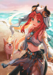 Rule 34 | 1girl, absurdres, animal, aqua bow, aqua brooch, aqua eyes, aqua sleeves, arabian clothes, beach, black horns, blue tassel, blue tube top, blush, bow, breasts, commentary, detached sleeves, dog, fake horns, forehead jewel, genshin impact, gold trim, highres, horns, light particles, long sleeves, looking at another, looking at viewer, maeng-i (meng-e), medium breasts, midriff, navel, nilou (genshin impact), ocean, open mouth, outdoors, parted bangs, puffy long sleeves, puffy sleeves, red hair, sarong, smile, solo, stomach, strapless, thighs, tongue, tongue out, tube top, veil, waist bow, white headwear, white sarong