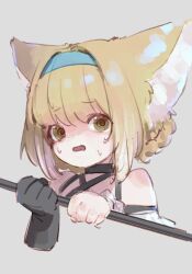 Rule 34 | 1girl, @ @, animal ear fluff, animal ears, arknights, bare shoulders, black gloves, blue hairband, commentary request, cropped torso, fox ears, fox girl, gloves, green eyes, grey background, hairband, highres, holding, holding staff, niwatori (akira 207), open mouth, scared, simple background, single glove, staff, suzuran (arknights), sweat