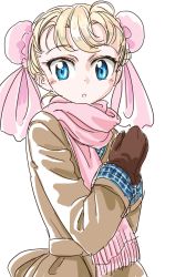 Rule 34 | 1girl, blonde hair, blue eyes, bun cover, chrono cross, commentary request, double bun, gloves, looking at viewer, marcy (chrono cross), s-a-murai, short hair, solo, winter clothes