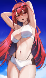 1girl :d ahoge alternate_costume armpits arms_behind_head arms_up bikini blue_fire blue_hair blue_sky blush breasts cleavage colored_inner_hair cowboy_shot elizabeth_rose_bloodflame eyewear_on_head fire hair_between_eyes highleg highleg_bikini highres hololive hololive_english huge_ahoge large_breasts lessone linea_alba long_hair looking_at_viewer multi-strapped_bikini_bottom multicolored_hair navel open_mouth outdoors paid_reward_available red_eyes red_hair sky smile solo stomach straight_hair sunglasses swimsuit teeth upper_teeth_only very_long_hair virtual_youtuber white_bikini