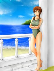 Rule 34 | 1girl, balcony, bare shoulders, barefoot, breasts, brown eyes, brown hair, crossed arms, gertrud barkhorn, hair ribbon, highres, isosceles triangle (xyzxyzxyz), medium breasts, nitouhensankakkei, ocean, one-piece swimsuit, ribbon, solo, strike witches, swimsuit, twintails, world witches series