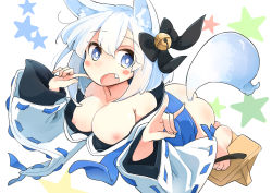 Rule 34 | 1girl, animal ears, ass, bare shoulders, bell, blue eyes, breasts, bright pupils, cleavage, fang, fox ears, fox shadow puppet, fox tail, geta, hair bell, hair ornament, highres, japanese clothes, large breasts, layered sleeves, miko, nipples, no bra, original, ribbon, senhappyaku, short hair, solo, tail, white background, white hair, wide sleeves