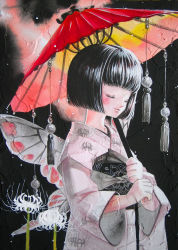 Rule 34 | 1girl, acrylic paint (medium), bad id, bad pixiv id, black hair, blunt bangs, blush, bob cut, bow, bug, butterfly, butterfly wings, closed eyes, dark, female focus, floral print, flower, gradient background, hair bow, insect, insect wings, japanese clothes, kimono, lips, long sleeves, obi, oil-paper umbrella, original, painting (medium), sash, short hair, solo, spider lily, spider lily print, traditional media, umbrella, white flower, white spider lily, wide sleeves, wings, yuhka