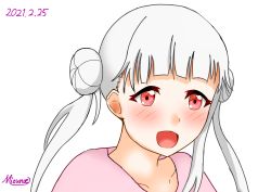Rule 34 | 1girl, arashi chisato, artist name, artist request, blush, breasts, close-up, collarbone, double bun, female focus, floating hair, hair bun, hair tie, highres, long hair, looking at viewer, love live!, love live! superstar!!, mizunoe illust, nose blush, open mouth, parted lips, pink shirt, red eyes, shirt, small breasts, smile, solo, upper body, wavy hair, white background, white hair
