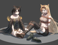 Rule 34 | 2girls, animal ears, arknights, arms behind back, artist request, bare shoulders, bdsm, black choker, black footwear, black hair, black hairband, black shorts, blonde hair, blue eyes, blush, bondage, bound, bound legs, breasts, cat ears, chinese commentary, choker, commentary request, commission, crop top, dress, gag, gagged, grey background, grey shirt, hair ornament, hairband, hairclip, highres, horn (arknights), improvised gag, jewelry, large breasts, long hair, looking at another, mandragora (arknights), midriff, multiple girls, navel, necklace, off-shoulder dress, off shoulder, second-party source, seiza, shirt, shoes, unworn shoes, short hair, short shorts, shorts, simple background, sitting, sleeveless, sleeveless shirt, smile, stomach, tape, tape gag, thighhighs, thighs, v-shaped eyebrows, wolf ears, yellow eyes