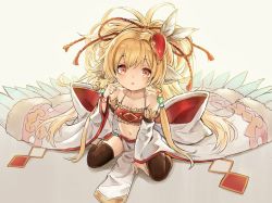 Rule 34 | 1girl, bandeau, bare shoulders, beads, blonde hair, blush, breasts, brown thighhighs, collarbone, feather hair ornament, feathers, fuyu no kareha, granblue fantasy, hair beads, hair ornament, harvin, long hair, long sleeves, looking at viewer, mahira (granblue fantasy), navel, open mouth, orange eyes, pelvic curtain, red bandeau, sidelocks, sitting, small breasts, thighhighs, wariza, wide sleeves
