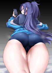 Rule 34 | 1girl, asakura kukuri, ass, black shirt, blue archive, blue buruma, blue eyes, blue jacket, buruma, cameltoe, cleft of venus, commentary request, from behind, glaring, gym shirt, gym uniform, halo, highres, holding, holding phone, jacket, long hair, looking at viewer, lying, official alternate costume, on stomach, open mouth, phone, ponytail, purple hair, shirt, simple background, star sticker, sticker on face, sweat, thighs, track jacket, yuuka (blue archive), yuuka (track) (blue archive)