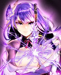 Rule 34 | 1girl, absurdres, achillodos, armor, breasts, bridal gauntlets, cleavage, closed mouth, electricity, flower, genshin impact, glowing, glowing eyes, hair ornament, highres, huge filesize, human scabbard, japanese clothes, kimono, large breasts, long hair, looking at viewer, mitsudomoe (shape), mole, mole under eye, obiage, purple eyes, purple flower, purple hair, raiden shogun, ribbon, sash, shoulder armor, simple background, smile, solo, sword, tassel, tomoe (symbol), weapon