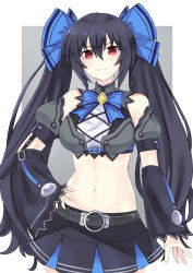 Rule 34 | 1girl, bare shoulders, belly, black hair, bow, bowtie, breasts, chou megami shinkou noire gekishin black heart, commission, crop top, cross-laced clothes, detached sleeves, hair between eyes, hair bow, hand on own hip, highres, kami jigen game neptune v, long hair, looking at viewer, medium breasts, midriff, navel, neptune (series), noire (neptunia), paid reward available, pixiv commission, pleated skirt, puffy sleeves, red eyes, ribbon, serious, skirt, sleeves past wrists, sports bra, twintails, very long hair, vest, wide sleeves, zatsu