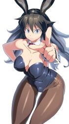 Rule 34 | 1girl, absurdres, animal ears, bare shoulders, black hair, blue eyes, breasts, cleavage, cowboy shot, curvy, detached collar, detached sleeves, fake animal ears, hair between eyes, hair down, highres, large breasts, leotard, long hair, m.u.g.e.n, oggy (oggyoggy), original, pantyhose, pointing, pointing at viewer, rabbit ears, ryuko (oggyoggy), shiny clothes, simple background, solo, tagme