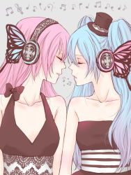 Rule 34 | 2girls, blue hair, bow, butterfly hair ornament, closed eyes, face-to-face, hair ornament, hat, hatsune miku, magnet (vocaloid), megurine luka, mini hat, mini top hat, multiple girls, musical note, pink hair, ruka (angelicmymelody), top hat, twintails, vocaloid, yuri