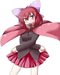 Rule 34 | 1girl, bow, cape, clothes lift, hair bow, long sleeves, mono60, mono (mono60), red eyes, red hair, sekibanki, short hair, simple background, skirt, skirt lift, solo, touhou, white background