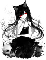 Rule 34 | 1girl, absurdres, animal ears, artist name, bare arms, bare shoulders, black choker, black dress, black hair, bug, butterfly, cat ears, choker, cowboy shot, dress, flower, hand on own cheek, hand on own face, hand up, head tilt, highres, insect, limited palette, looking at viewer, nail polish, original, red eyes, red nails, rose, sheya, signature, simple background, skull, smile, solo, spot color, thorns, white background