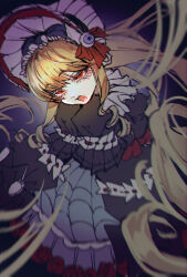 Rule 34 | 1girl, :d, black dress, blonde hair, bow, copyright request, dress, frilled dress, frills, fujima (k114), gothic lolita, gradient background, grey dress, hands up, highres, lolita fashion, long hair, long sleeves, open mouth, red bow, red dress, red eyes, smile, solo, very long hair
