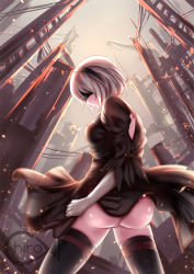 Rule 34 | 1girl, ass, back cutout, black dress, black hairband, blindfold, chiroyo, clothing cutout, covered eyes, dress, feather-trimmed sleeves, from behind, gloves, hairband, juliet sleeves, leotard, long sleeves, nier (series), nier:automata, puffy sleeves, solo, thighhighs, white gloves, white leotard, 2b (nier:automata)