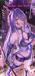 Rule 34 | 1girl, absurdres, acheron (honkai: star rail), asymmetrical footwear, asymmetrical gloves, bandaged leg, bandages, black gloves, boots, breasts, chain, chain-link fence, choker, cleavage, commentary request, copyright name, elbow gloves, fall4592, fence, gloves, hand on own chest, high heel boots, high heels, highres, holding, holding sword, holding weapon, honkai: star rail, honkai (series), katana, large breasts, long hair, looking at viewer, midriff, navel, open mouth, purple choker, purple eyes, purple footwear, purple hair, purple shorts, rain, scabbard, sheath, sheathed, short shorts, shorts, solo, standing, stomach, sword, thigh boots, thighs, very long hair, weapon