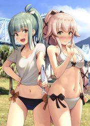 2girls, arm up, bangs, bare arms, bare shoulders, bikini, bikini under clothes, black bikini, blue sky, blunt bangs, blush, bow, bow bikini, breasts, bridge, brown eyes, cleavage, cloud, collarbone, commentary request, cowboy shot, day, fish, green hair, groin, hair flaps, hair ribbon, hand on hip, highres, ichikawa feesu, kantai collection, long hair, looking at viewer, medium breasts, multiple girls, navel, nose blush, open mouth, outdoors, photo background, pink hair, ponytail, ribbon, shirt, side-tie bikini, sidelocks, sky, smile, standing, swimsuit, swimsuit under clothes, tied shirt, translation request, tree, very long hair, white bikini, white ribbon, white shirt, wristband, yellow eyes, yura (kancolle), yuubari (kancolle)