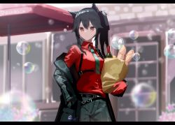 Rule 34 | 1girl, a.a (aa772), animal ears, arknights, bag, baguette, black hair, black jacket, black necktie, black pants, blurry, blurry background, bottle, bread, collared shirt, commentary request, day, depth of field, diagonal-striped clothes, diagonal-striped necktie, diagonal-striped neckwear, food, gloves, hair between eyes, hand in pocket, holding, holding bag, jacket, letterboxed, long hair, long sleeves, looking at viewer, necktie, off shoulder, official alternate costume, open clothes, open jacket, outdoors, pants, paper bag, red eyes, red gloves, red shirt, shirt, side ponytail, solo, striped clothes, striped necktie, striped neckwear, striped pants, texas (arknights), texas (willpower) (arknights), vertical-striped clothes, vertical-striped pants