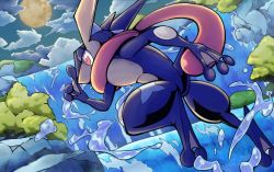 Rule 34 | bright pupils, cloud, commentary request, creatures (company), from side, game freak, gen 6 pokemon, greninja, moon, night, nintendo, outdoors, pink eyes, pokemon, pokemon (creature), q-chan, sky, solo, water, water drop, waterfall, white pupils
