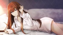 Rule 34 | 1girl, adjusting hair, bed sheet, blue eyes, breasts, brown hair, cleavage, collared shirt, cowboy shot, highres, huke, long hair, long sleeves, looking at viewer, lying, makise kurisu, official art, on stomach, shirt, small breasts, smile, solo, steins;gate, straight hair, white shirt