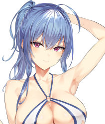 Rule 34 | 1girl, ahoge, arm up, armpits, azur lane, bikini, blue hair, breasts, cleavage, closed mouth, halterneck, hiiragi yuuichi, large breasts, long hair, looking at viewer, o-ring, o-ring bikini, o-ring top, ponytail, purple eyes, sidelocks, simple background, smile, solo, st. louis (azur lane), swimsuit, upper body, white background