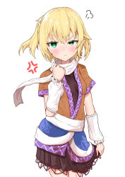Rule 34 | 1girl, :t, puff of air, absurdres, anger vein, arm warmers, baruka=gacha, black dress, blonde hair, blush, breasts, brown shirt, clenched hand, closed mouth, commentary, cowboy shot, dress, frown, green eyes, hair between eyes, highres, long bangs, looking at viewer, mizuhashi parsee, parsee day, pleated dress, pointy ears, pout, sash, scarf, shirt, short hair, short ponytail, short sleeves, simple background, small breasts, solo, touhou, uneven eyes, v-shaped eyebrows, white background, white sash, white scarf