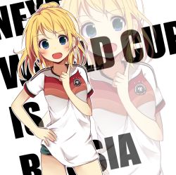 Rule 34 | 10s, 1girl, 2014 fifa world cup, :d, aqua eyes, ayase eli, bad id, bad pixiv id, blonde hair, germany, hair ornament, hand on own hip, looking at viewer, love live!, love live! school idol project, open mouth, ponytail, sasahara wakaba, smile, soccer, soccer uniform, solo, sportswear, text focus, world cup, zoom layer