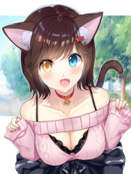 Rule 34 | 1girl, :d, animal ear fluff, animal ears, bare shoulders, black bra, blue eyes, blush, bow, bra, breasts, brown hair, cat ears, cat girl, cat tail, choker, cleavage, cleavage cutout, clothing cutout, collarbone, commentary request, day, hair bow, hanasaki mahiru, heterochromia, highres, lace, lace-trimmed bra, lace trim, long sleeves, looking at viewer, medium breasts, meme attire, off-shoulder sweater, off shoulder, open-chest sweater, open mouth, original, outdoors, pink sweater, red bow, red choker, short hair, smile, solo, sweater, tail, tree, underwear, upper body, yellow eyes