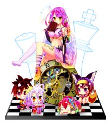 Rule 34 | 1boy, 4girls, :3, absurdres, all fours, angel wings, animal ear fluff, animal ears, arm support, asymmetrical legwear, bags under eyes, blush, blush stickers, book, boots, breasts, brown hair, chibi, clock, clothes writing, commentary request, spiked halo, crop top, crown, feathered wings, flower, fox ears, fox tail, full body, geta, gloves, gradient hair, gradient wings, hair flower, hair ornament, hairband, halo, hatsuse izuna, highres, japanese clothes, jibril (no game no life), kimono, large breasts, long hair, low wings, magic circle, midriff, mimi0846, mismatched legwear, multicolored hair, multicolored wings, multiple girls, navel, no game no life, open mouth, pink eyes, pink hair, purple eyes, purple hair, red hair, roman numeral, shiro (no game no life), shirt, shoes, short hair, short kimono, sideboob, silver hair, single shoe, sitting, slit pupils, smile, sora (no game no life), spiked hair, stephanie dora, t-shirt, tabi, tail, tattoo, thighhighs, transparent background, very long hair, white wings, wing ears, wings, yellow eyes