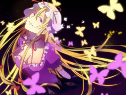 Rule 34 | 1girl, black background, blonde hair, breasts, bug, butterfly, choker, cleavage, dress, elbow gloves, eyebrows, gap (touhou), gloves, glowing, glowing butterfly, gradient background, hat, hat ribbon, insect, katakonpe, long hair, long neck, looking at viewer, looking to the side, medium breasts, mob cap, nose, parted lips, puffy short sleeves, puffy sleeves, purple background, purple dress, purple eyes, red eyes, ribbon, ribbon choker, short sleeves, solo, touhou, very long hair, white gloves, yakumo yukari