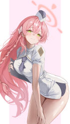 1girl absurdres ann_(enye5842) blue_archive blue_bow blue_bowtie blush bow bowtie breasts commission dress garrison_cap green_eyes halo hanako_(blue_archive) hat highres large_breasts long_hair looking_at_viewer pencil_skirt pink_hair pink_halo pixiv_commission simple_background skirt smile solo two-tone_background utnapishtim_operator_uniform_(blue_archive) white_dress