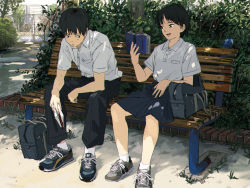 Rule 34 | 1boy, 1girl, absurdres, bag, bench, black pants, black skirt, book, cbnt99, collared shirt, copyright request, fence, highres, holding, holding book, leaf, leaning forward, outdoors, pants, plant, pleated skirt, shirt, shoes, sitting, skirt, socks, white legwear