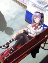 Rule 34 | 10s, 1girl, absurdres, arm warmers, bench, black flower, black pantyhose, black rose, black skirt, blue eyes, blunt bangs, bow, candy, crossed legs, dagashi kashi, display, dress, flower, food, frilled shirt, frills, from above, hair flower, hair ornament, hairband, high heels, highres, holding, knees up, looking at viewer, looking up, makeup, mascara, nail polish, official art, outdoors, pantyhose, pavement, purple hair, red bow, red nails, rose, shade, shadow, shidare hotaru, shirt, short hair, short sleeves, sitting, skirt, smile, smirk, solo, sweets, white shirt, wrist cuffs