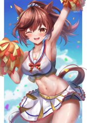 Rule 34 | 1girl, ;d, absurdres, alternate costume, alternate hairstyle, animal ears, arm up, armpits, blue sky, blush, breasts, brown eyes, brown hair, cheerleader, cleavage, collarbone, confetti, groin, highres, horse ears, horse tail, looking at viewer, medium breasts, midriff, navel, nice nature (run&amp;win) (umamusume), nice nature (umamusume), one eye closed, open mouth, pom pom (cheerleading), skirt, sky, smile, solo, steaming body, sweat, tail, umamusume, waity awa